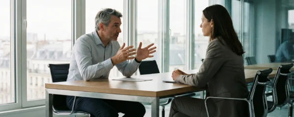 Négociation PSE entre élus CSE et direction en salle de réunion professionnelle