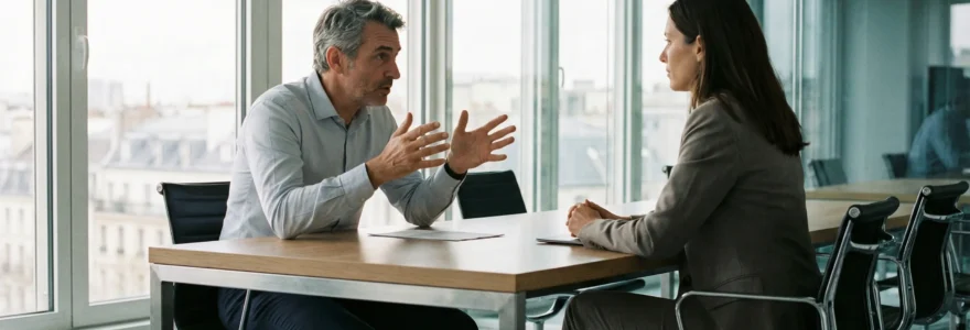 Négociation PSE entre élus CSE et direction en salle de réunion professionnelle